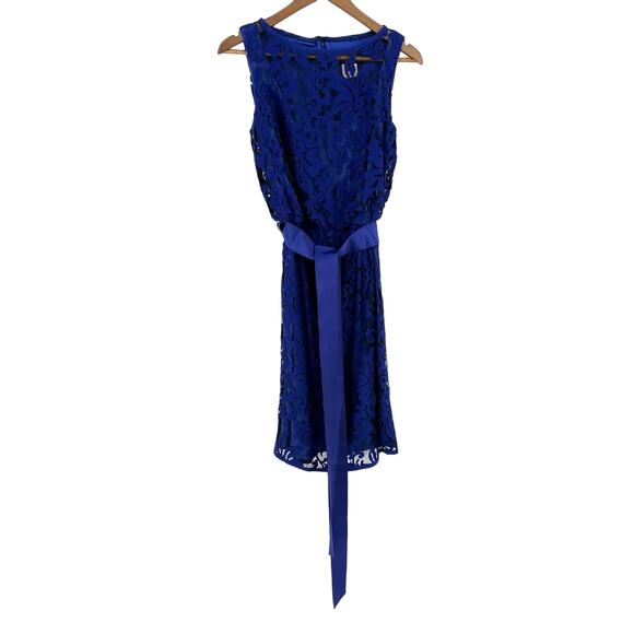 Tadashi Shoji Blue Floral Lace Overlay Tie Belt Dress Womens Size 8 - Picture 1 of 7